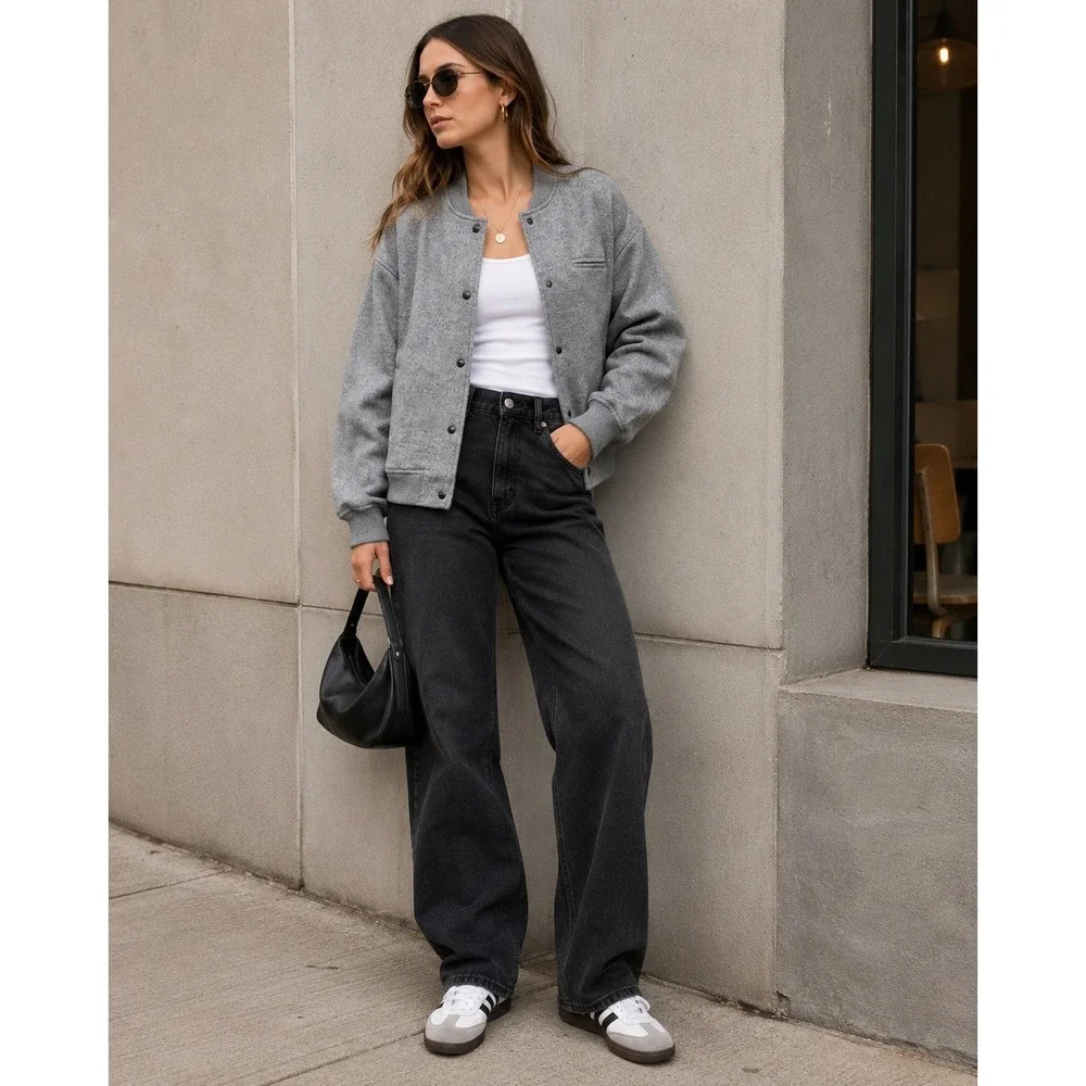 Madewell Wool-Blend Varsity Jacket Womens Medium Grey Excellent CK489 Bomber